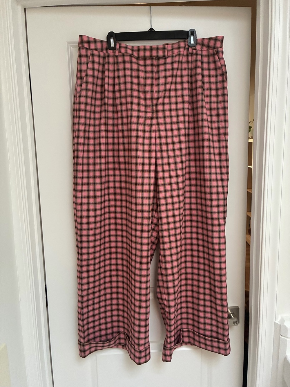 FRNCH for ANTHRO Pink Plaid Wide-Leg Trousers